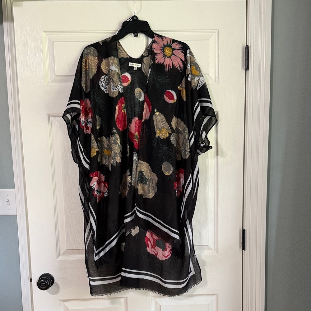 Woven Heart Black Floral Kimono Coverup with Pink Yellow Accents